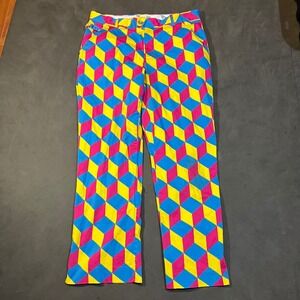 Royal & Awesome Mens Golf Pants 36x30 Blue Pink Yellow 3D Geometric Cube Print